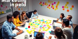 Diverse team collaborating on marketing campaign strategies around table.
