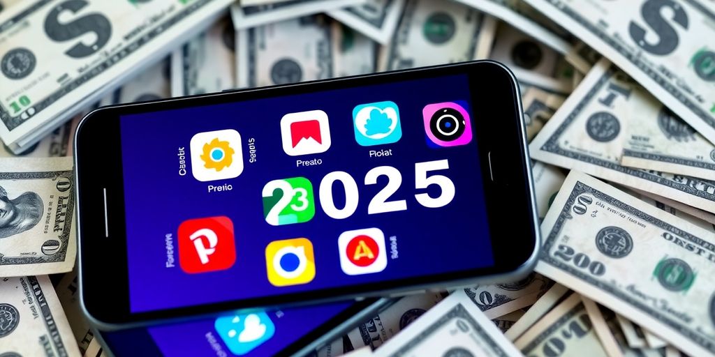 Smartphone with app icons and dollar bills around it.