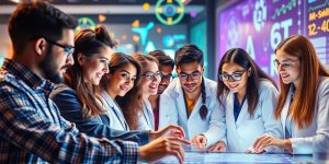 Diverse researchers collaborating around a digital research interface.