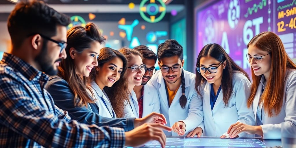 Diverse researchers collaborating around a digital research interface.