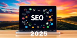 Laptop with website and SEO tool icons around it.