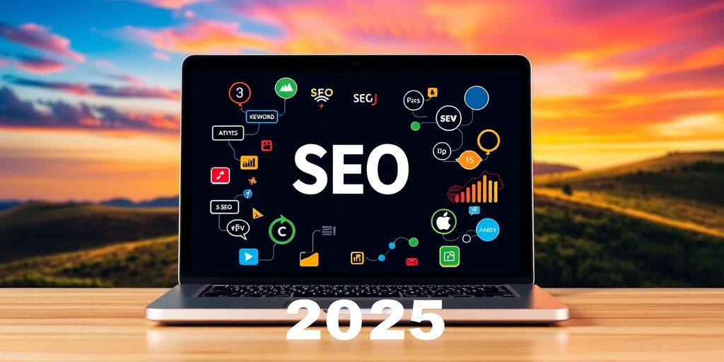 Laptop with website and SEO tool icons around it.