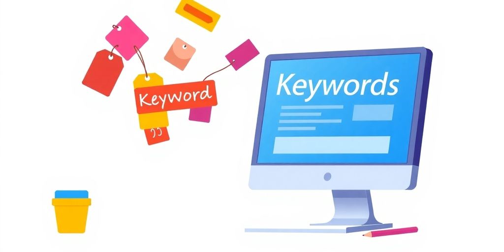Colorful keywords around a computer screen for online success.