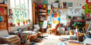 A creative workspace with art supplies and sunlight.