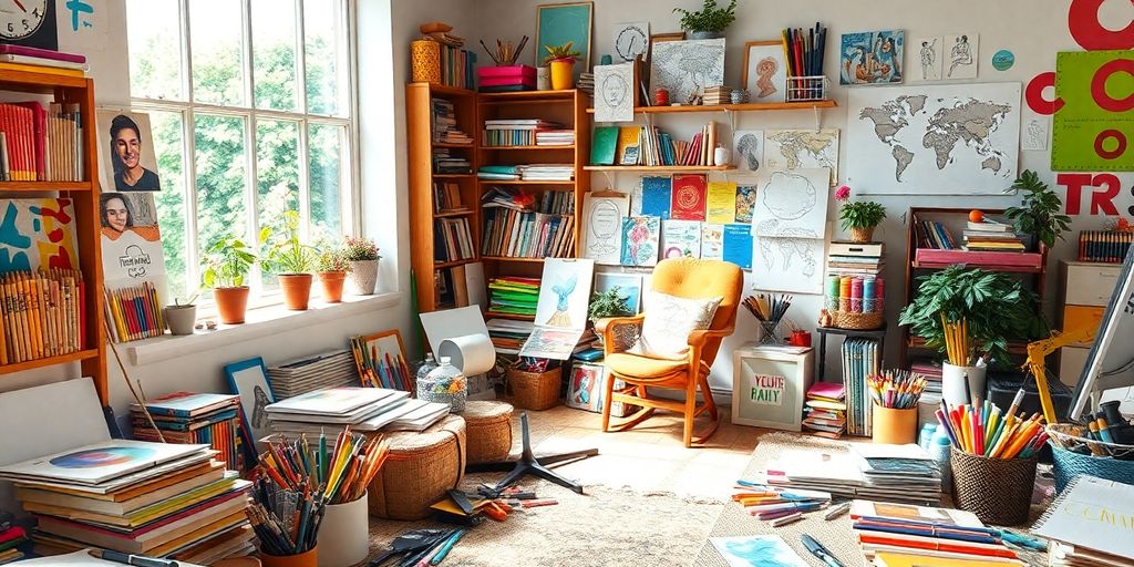 A creative workspace with art supplies and sunlight.