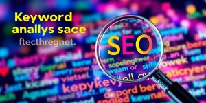 Magnifying glass over colorful keywords for SEO analysis.