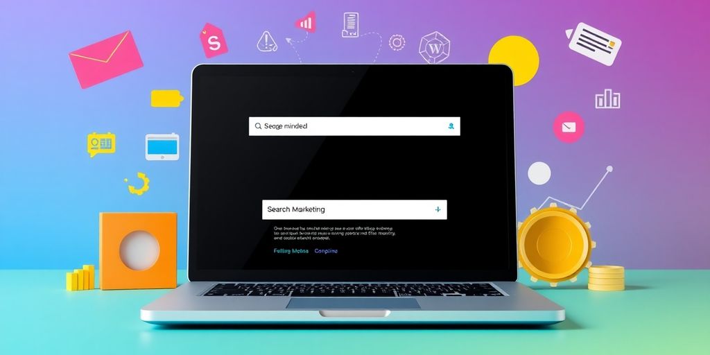 Laptop with search results and digital marketing icons.
