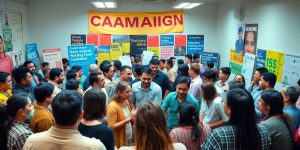 Diverse group collaborating on a campaign project.