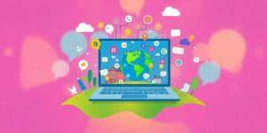 Laptop, globe, and icons representing digital growth and opportunity.