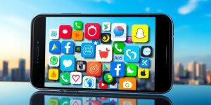 Colorful app icons on a smartphone with skyline backdrop.