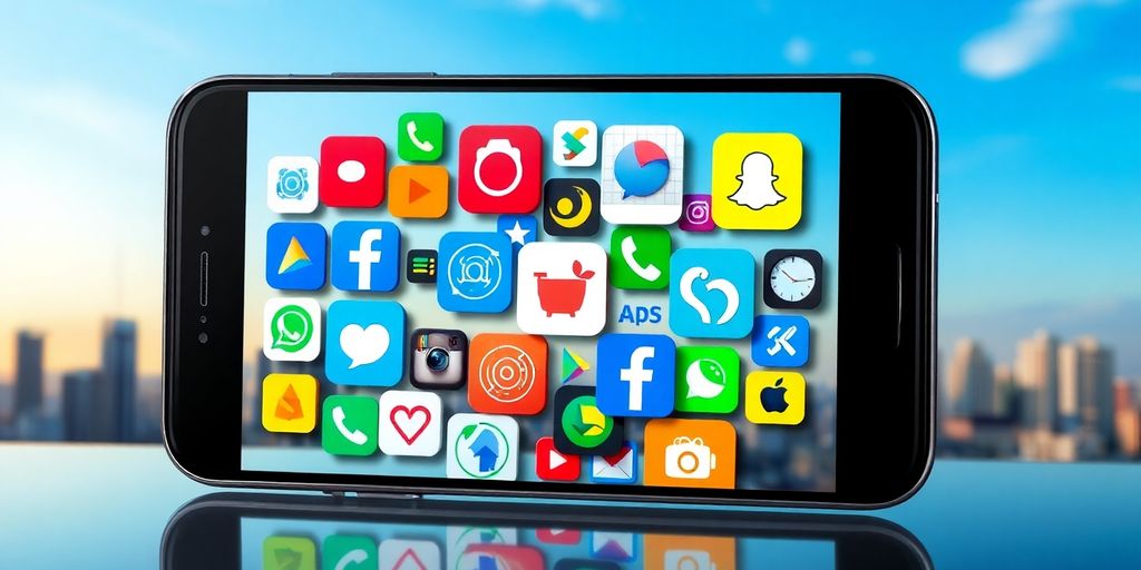 Colorful app icons on a smartphone with skyline backdrop.