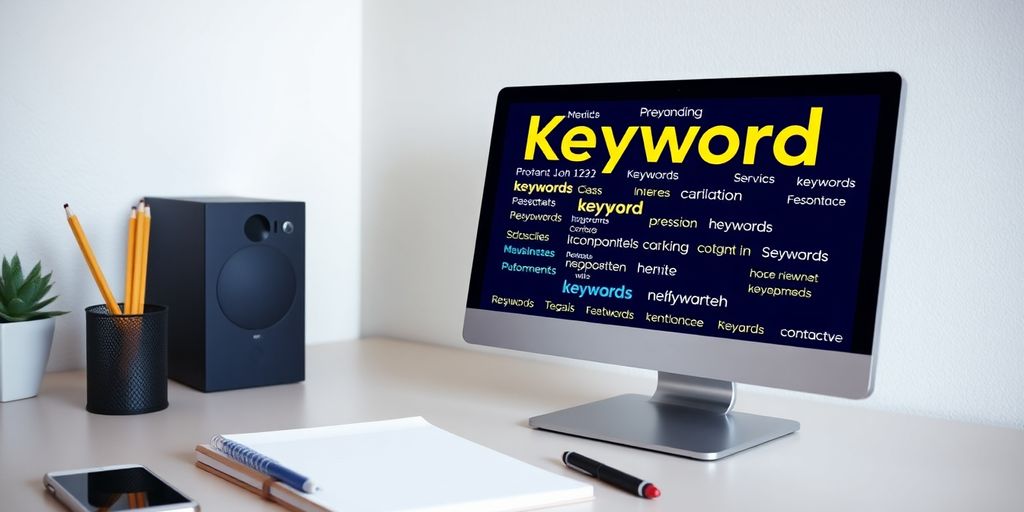 A workspace with keywords highlighted for SEO strategy.
