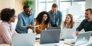 Diverse team collaborating in a modern office setting.