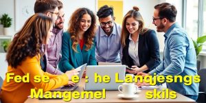 Team of professionals discussing management skills in an office.