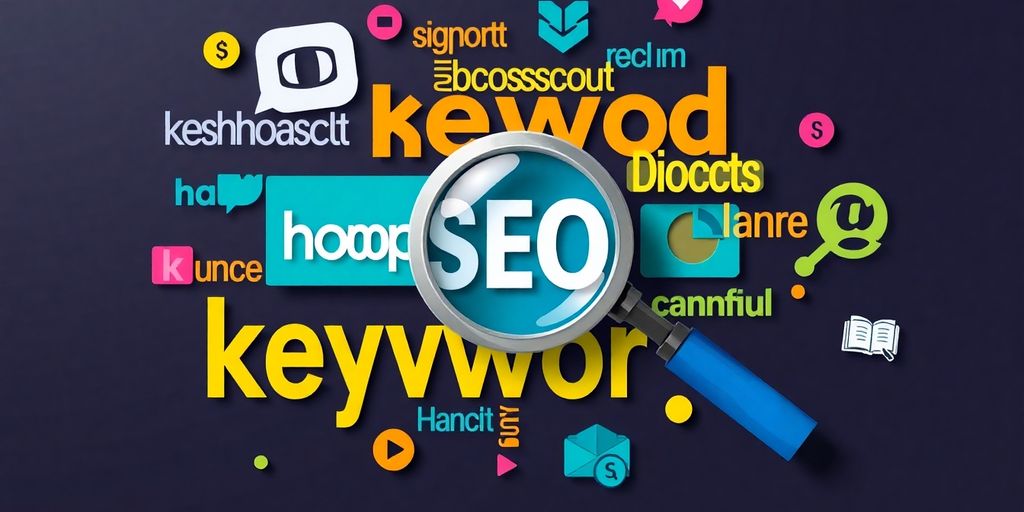 Collage of keywords and search icons for SEO.