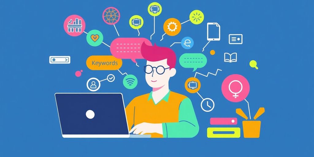 Person brainstorming keywords with laptop and colorful idea bubbles.