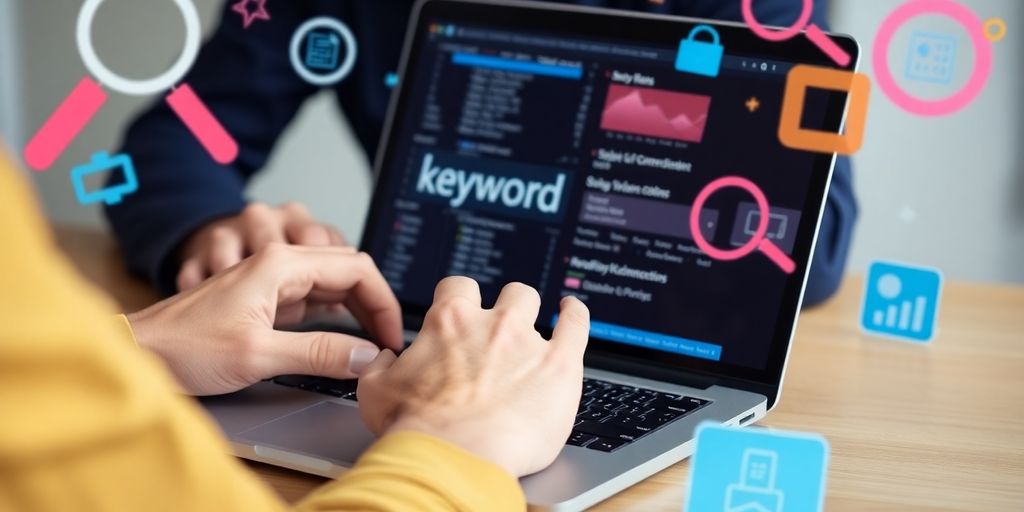 Person analyzing keyword searches on a laptop.