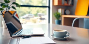 Modern workspace with laptop and notepad for SEO.