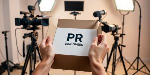 Hands unboxing PR package, surrounded by media equipment.
