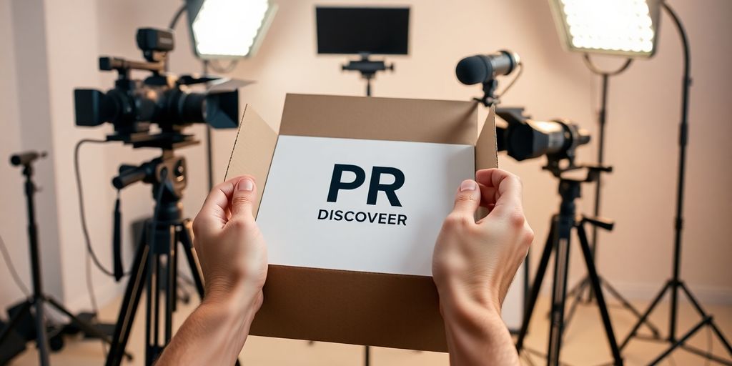 Hands unboxing PR package, surrounded by media equipment.