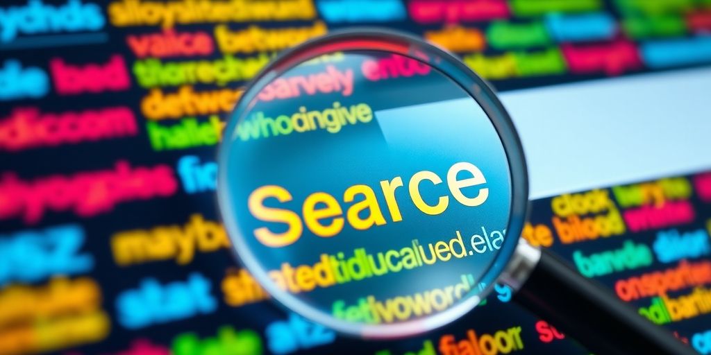 Magnifying glass over colorful keyword tags in search bar.
