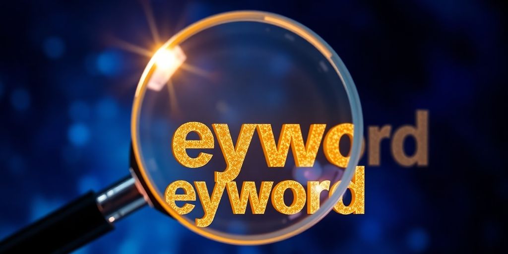 Magnifying glass over golden keywords, light rays, abstract background.
