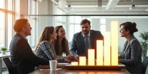 Two diverse professionals collaborate on a glowing growth chart.