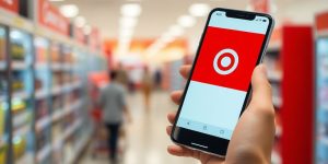 Smartphone displaying Target app against a blurred store background.