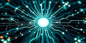 Digital circuits, glowing data streams, futuristic app monitoring