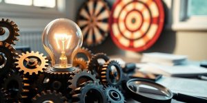 Lightbulb, gears, dartboard, magnifying glass on table.