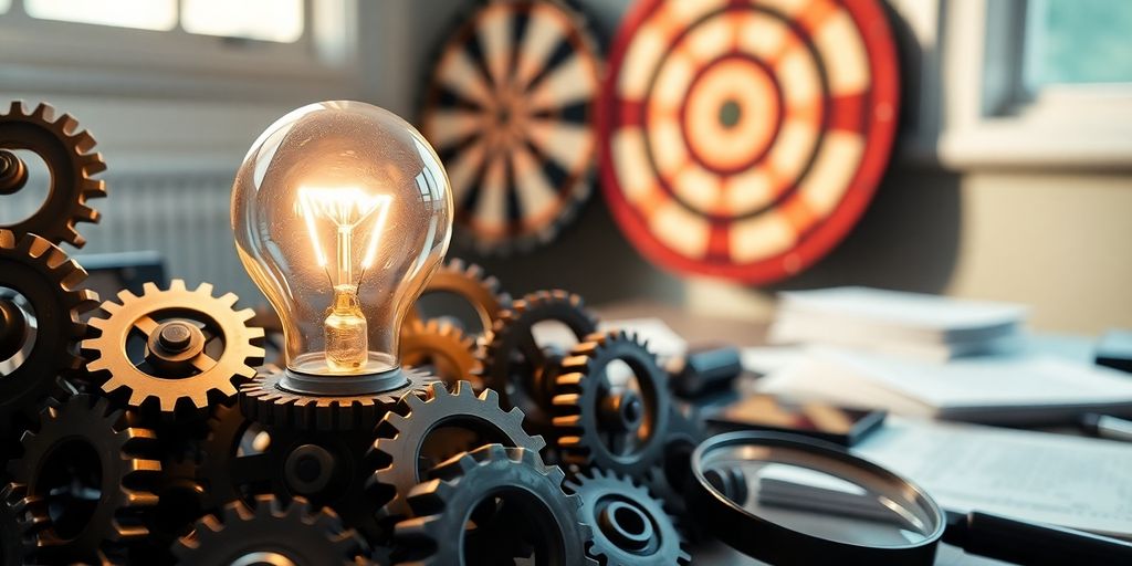 Lightbulb, gears, dartboard, magnifying glass on table.