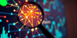 Magnifying glass over glowing keywords.