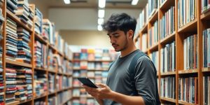 Person scanning books in a bookstore.