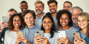 Diverse adults holding iPhone 7 models.
