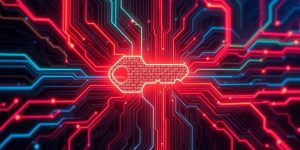 Glowing digital threads intertwining through an abstract key-shaped circuit.