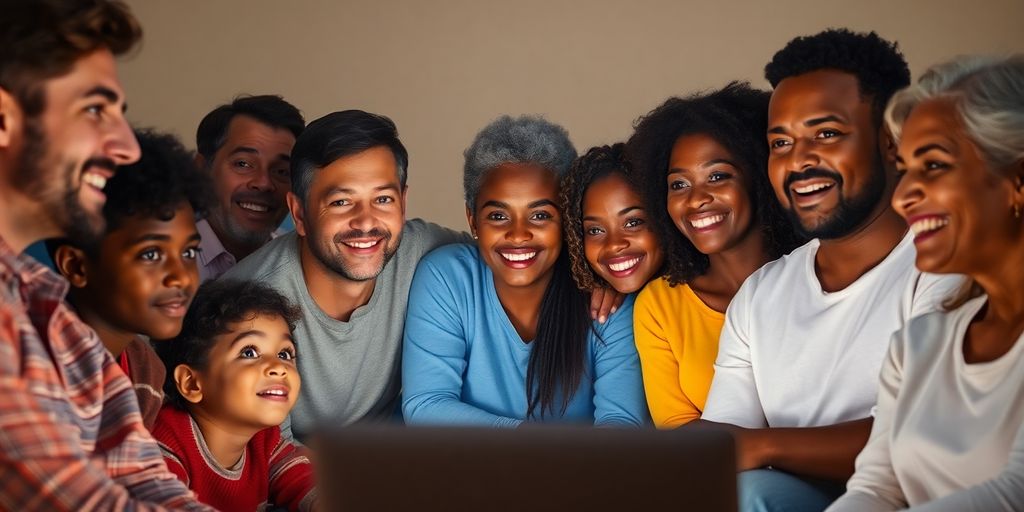 Diverse people watching TV together.