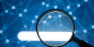 Magnifying glass over search bar, digital glow.
