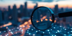 Magnifying glass over glowing, interconnected dots