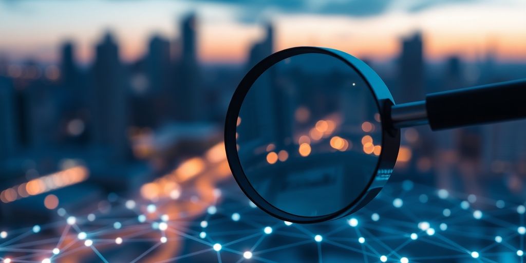 Magnifying glass over glowing, interconnected dots