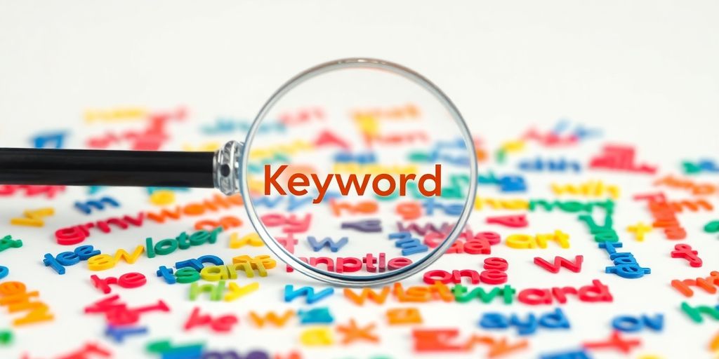 Magnifying glass over a diverse keyword collection.