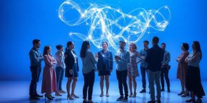Diverse group engaging with floating holographic data.