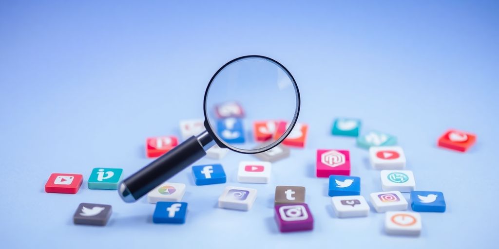 Magnifying glass over social media icons.